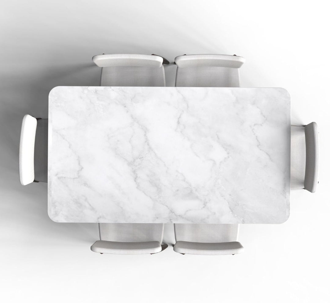 PIKCRAFT HANDICRAFT 7-Piece Dining Table Set | Stone Top Table with 6 Leather Seat Chairs | Luxury Heritage Style | Spacious & Comfortable Dining