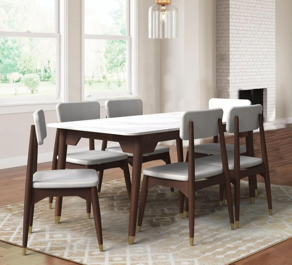 PIKCRAFT HANDICRAFT 7-Piece Dining Table Set | Stone Top Table with 6 Leather Seat Chairs | Luxury Heritage Style | Spacious & Comfortable Dining