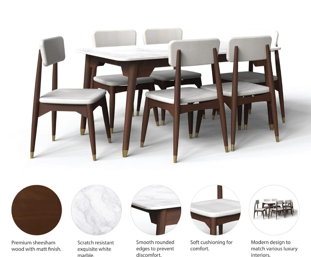 PIKCRAFT HANDICRAFT 7-Piece Dining Table Set | Stone Top Table with 6 Leather Seat Chairs | Luxury Heritage Style | Spacious & Comfortable Dining